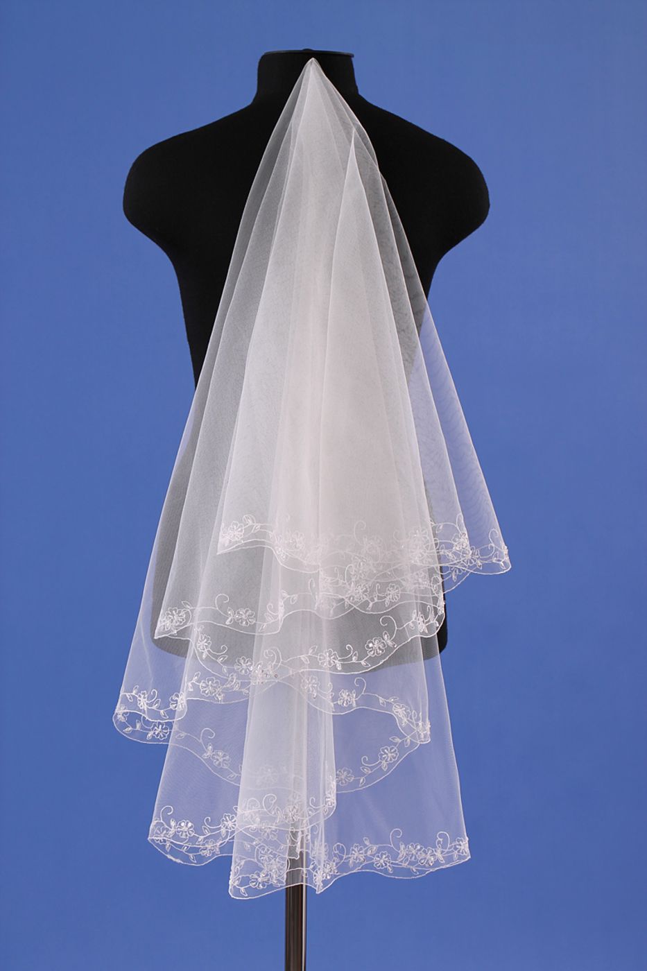 Свадебная фата с цветочным рисунком по краю из машинной нитки, бисера и жемчуга № V0192-1	 - 3