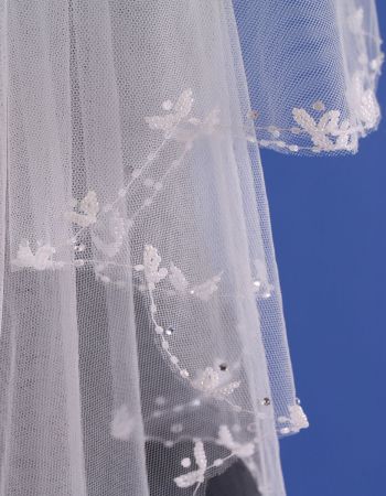 Свадебная фата с гребнем, украшенная бисером и кристаллами по краю	 V1011-1	 - 1